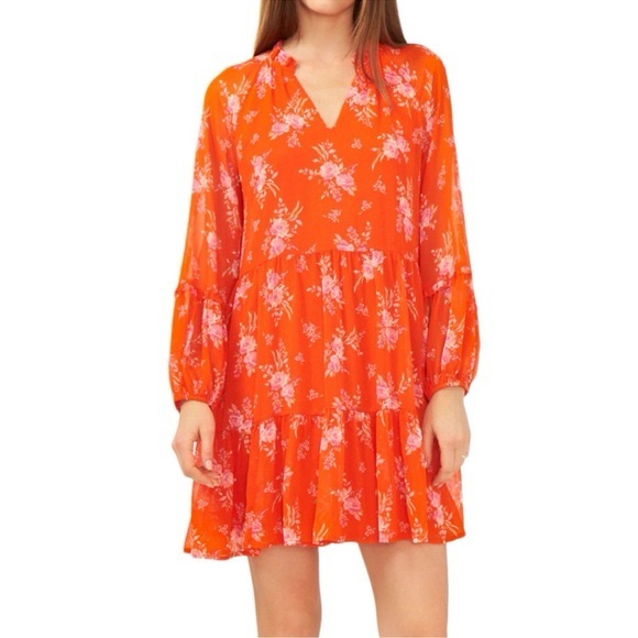 Vince Camuto Dresses & Skirts - Vince Camuto Semi-Shear Floral Red Long Sleeve Tiered Ruffle V-Neck Mini Dress